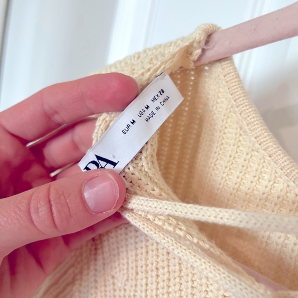 NWOT Zara Cream Knit Shortsleeve Top with Back Straps - Picture 4 of 5